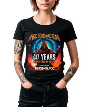 Czarna koszulka HELLOWEEN "40 Years Anniversary Tour 2025" z kolorowym nadrukiem i napisem o gościu Beast in Black.