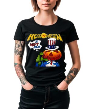 Czarna koszulka damska z motywem Halloween - Wujek Sam z dynią i napisem "HELLOWEEN 'I want out'" z kolekcji HELLOWEEN.
