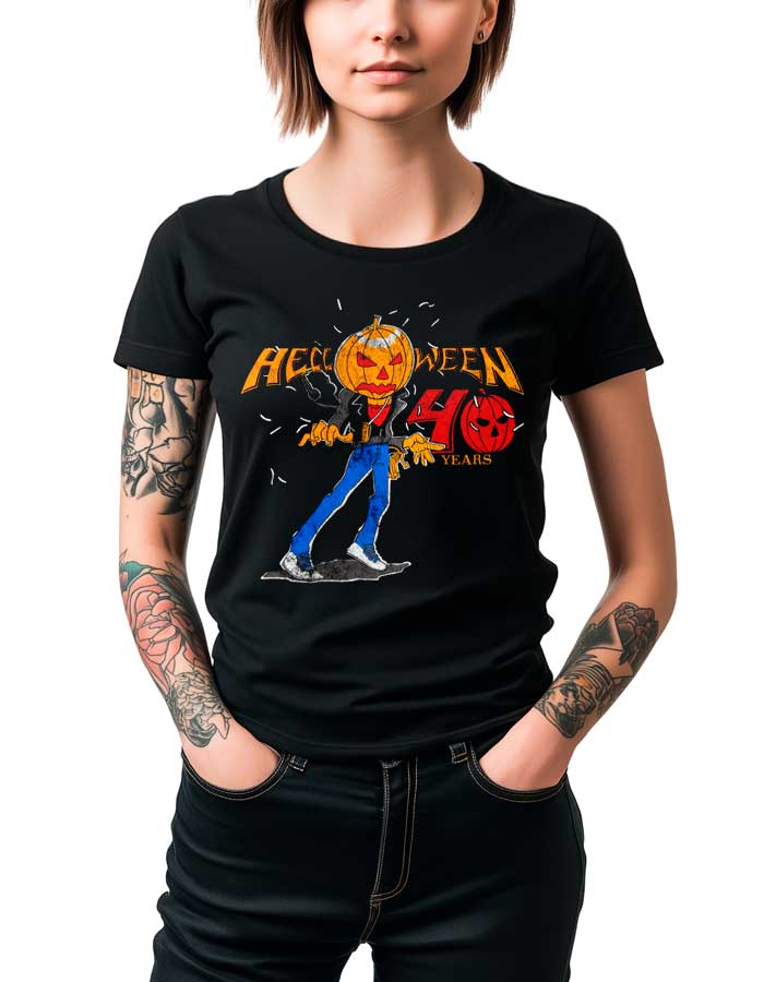 Czarna damska koszulka HELLOWEEN "Jack O Lantern 40 years" z grafiką dyni i napisem "Halloween 40 Years".