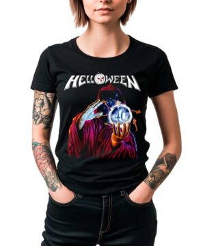 Czarna koszulka damska HELLOWEEN "Keeper 40 years" z grafiką postaci w kapturze i świecącą kulą z napisem '40'.