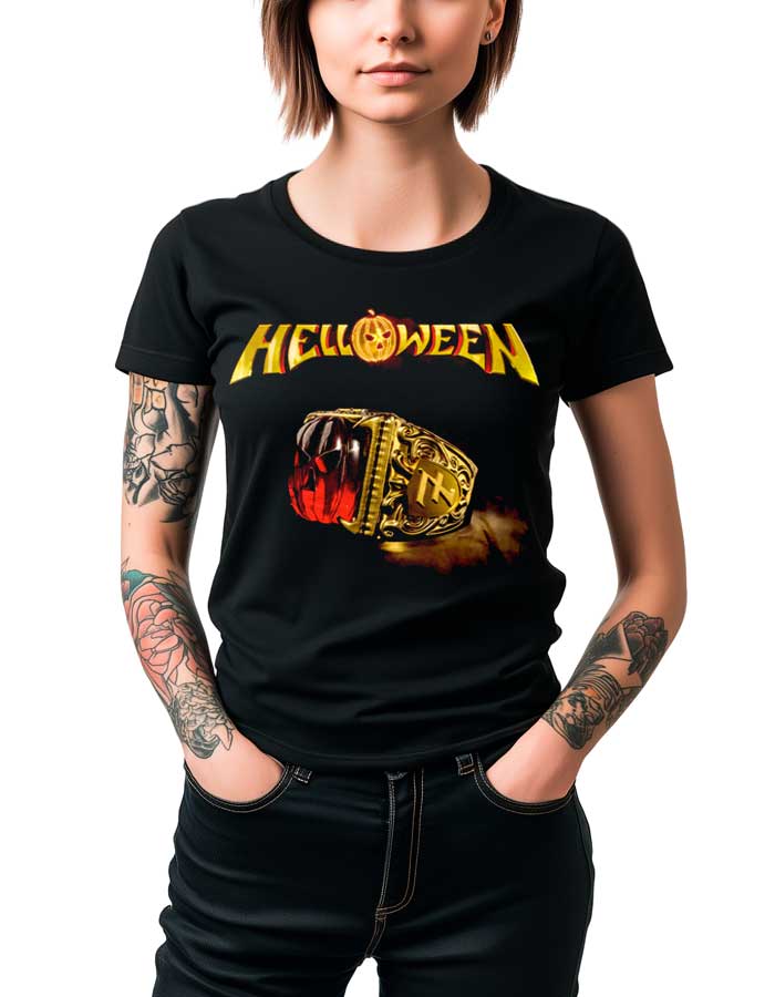 helloween-tshirt-damski-muzyczny-czarny-march-of-time Czarna damska koszulka HELLOWEEN "March of Time" z nadrukiem złotego pierścienia z czerwonym kamieniem i żółtym logo.