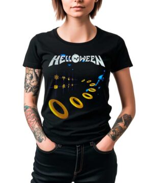 Czarna koszulka damska HELLOWEEN "Master Ring World Tour" z żółtymi pierścieniami i abstrakcyjnym wzorem, na modelce z tatuażami.