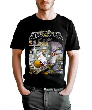 Czarna koszulka męska z nadrukiem zespołu HELLOWEEN "Dr Stein" i grafiką w stylu kreskówkowym, idealna dla fanów rocka.