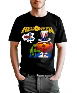 Męska czarna koszulka HELLOWEEN "I want out" z nadrukiem dyni w garniturze i napisem "HELLOWEEN I WANT OUT" na przodzie.