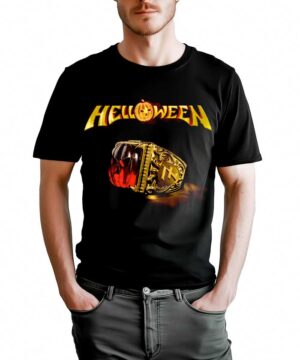 Czarna koszulka HELLOWEEN "March of Time" z dużym złotym pierścieniem i napisem Helloween na przodzie, noszona przez mężczyznę.