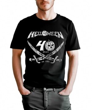 Czarna koszulka męska HELLOWEEN "Pumpkin Pirate 40 years" z białym nadrukiem, skrzyżowanymi mieczami i napisem 40 Years Est. 1984.