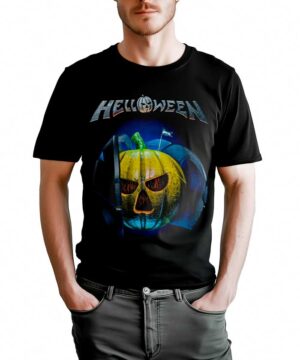 Czarna koszulka męska HELLOWEEN United Forces Pumpkin z nadrukiem dyni i metalicznym logo Helloween na przodzie.