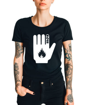 Czarna koszulka koncertowa MASSIVE ATTACK "Ceasefire Now MSF" z dużą białą dłonią i płomieniem na przodzie.