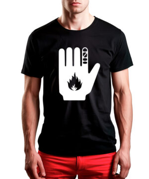 Czarna koszulka muzyczna MASSIVE ATTACK "Ceasefire Now MSF" z białą grafiką dłoni, płomieniem i trzema zabandażowanymi palcami.