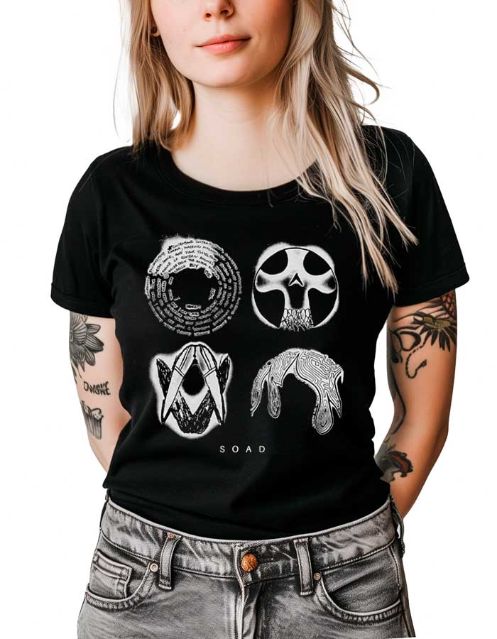 system-of-a-down-tshirt-damski-muzyczny-czarny-all-for-one Czarna koszulka muzyczna SYSTEM OF A DOWN "All for one" z czterema białymi maskami i napisem SOAD pod grafiką.