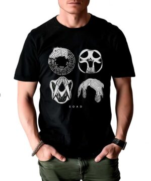Czarna koszulka muzyczna SYSTEM OF A DOWN "All for one" z czterema abstrakcyjnymi białymi twarzami nad napisem SOAD.