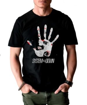 Czarna koszulka SYSTEM OF A DOWN "Hand Eye" z dużą białą dłonią, czerwonymi akcentami i nazwą zespołu z przodu.