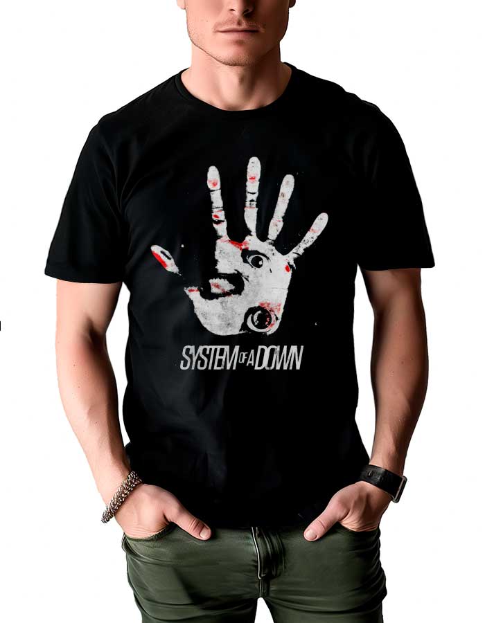 system-of-a-down-tshirt-meski-muzyczny-czarny-hand-eye Czarna koszulka SYSTEM OF A DOWN "Hand Eye" z dużą białą dłonią, czerwonymi akcentami i nazwą zespołu z przodu.