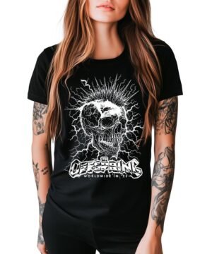 Czarna koszulka muzyczna THE OFFSPRING Mohawk 2025 Tour z dużą czaszką, błyskawicami i białym napisem, damska.