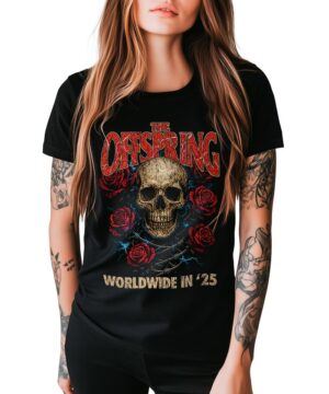 Czarna koszulka muzyczna THE OFFSPRING "Rose Skull 2025" z nadrukiem czaszki, czerwonych róż i napisem The Offspring Worldwide.