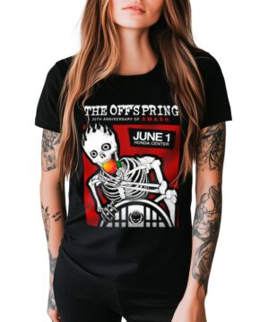Czarna koszulka damska THE OFFSPRING z nadrukiem szkieletu i napisem "Smash Anniversary Show", edycja 30th Anniversary.