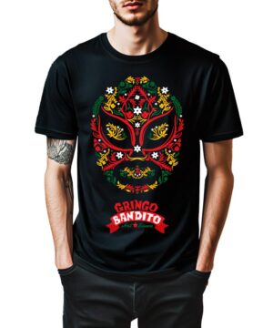 Czarna koszulka muzyczna THE OFFSPRING z kolorowym wzorem maski i napisem "Gringo Bandito" na przodzie.