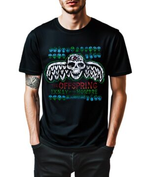 Czarna koszulka muzyczna THE OFFSPRING "Ixnay on Hombre" z nadrukiem czaszki, skrzydeł i kolorowymi napisami rocznicowymi.