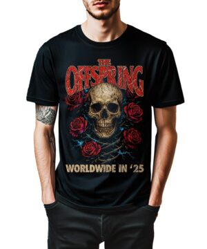 Czarna koszulka muzyczna THE OFFSPRING Rose Skull 2025 z czaszką, czerwonymi różami i napisem The Offspring WORLDWIDE IN 25.