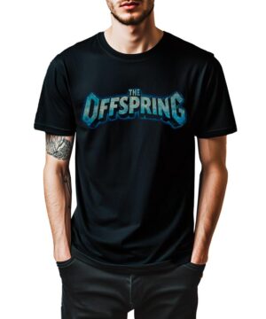 Czarna koszulka muzyczna THE OFFSPRING "Vintage sign" z niebieskim logo, model prezentuje produkt, stojąc z rękoma w kieszeniach.