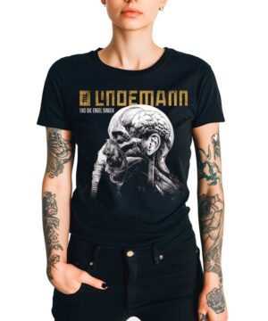 Czarna koszulka LINDEMANN "Und die Engel singen" z grafiką czaszki, mózgu, maski i logo zespołu, prezentowana przez osobę z tatuażami.