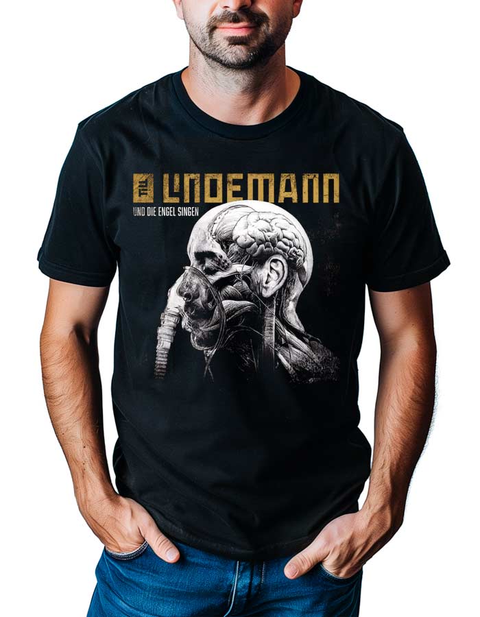 lindemann-tshirt-meski-koncertowy-czarny-und-die-engel-singen Czarna koszulka muzyczna LINDEMANN z grafiką czaszki, mózgu i maski oraz napisem LINDEMANN UND DIE ENGEL SINGEN nad grafiką.