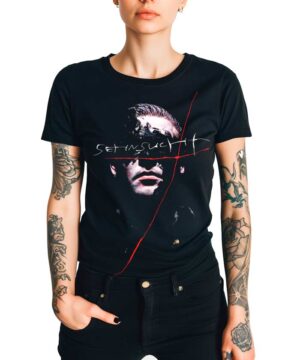 Czarna koszulka muzyczna RAMMSTEIN "Sehnsucht Richard" z nadrukiem rozdzielonej twarzy i napisem SET INSIGHT na przodzie.