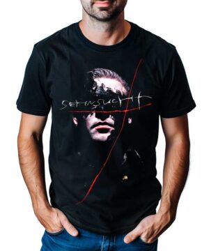 Czarna koszulka koncertowa RAMMSTEIN "Sehnsucht Richard" z artystycznym nadrukiem twarzy, czerwoną linią i napisem SETINSUCH.