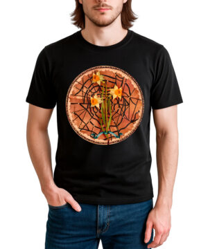 Mężczyzna ubrany w koszulkę męską FLORENCE AND THE MACHINE "Andrea Zanatelli Daffodil" z grafiką - czarną koszulkę z okrągłą grafiką pomarańczowych żonkili i zielonych łodyg na pajęczynie.