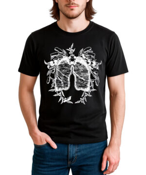 Osoba ubrana w koszulkę męską FLORENCE AND THE MACHINE "Gothic lungs" - czarny t-shirt z białą grafiką płuc i liściastych gałęzi z przodu.