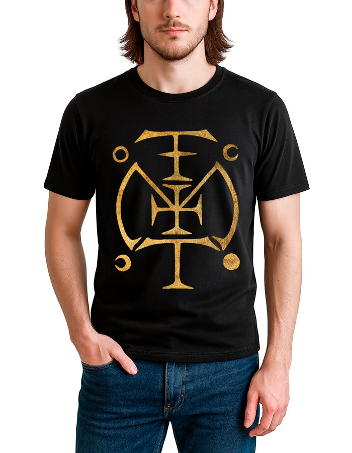 Osoba nosząca czarną koszulkę męską z grafiką FLORENCE AND THE MACHINE "Sigil" z dużym złotym abstrakcyjnym symbolem geometrycznym z przodu stoi z jedną ręką w kieszeni.