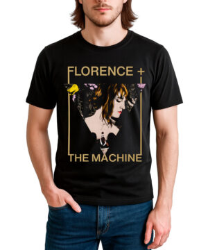 Osoba ubrana w czarną koszulkę męską FLORENCE AND THE MACHINE "Triangle" z grafiką i złotymi napisami.