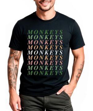 Czarna koszulka muzyczna ARCTIC MONKEYS "Millinsky design" z napisem MONKEYS w wielu kolorach i rzędach, męska.
