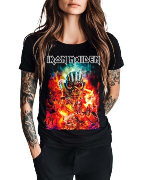 Koszulka damska IRON MAIDEN "The Book of Souls live chapter", czarna, z ognistym nadrukiem maskotki zespołu.