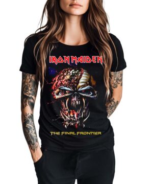 Czarna koszulka IRON MAIDEN "The Final Frontier" z kolorowym, futurystycznym nadrukiem czaszki, model damski.