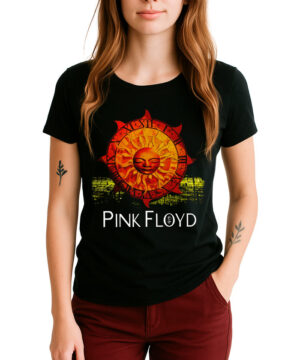 Czarna damska koszulka PINK FLOYD "Brockom 84" z motywem słońca, stylowa, do kompletu bordowe spodnie.