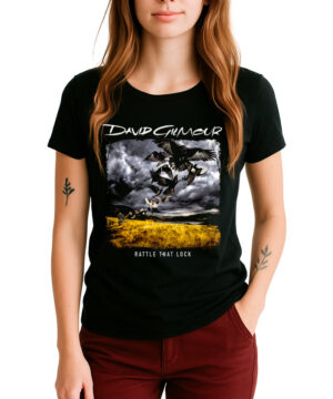 Czarna koszulka z nadrukiem PINK FLOYD "David Gilmour Rattle That Lock" z motywem ptaków nad żółtym polem i chmurami.