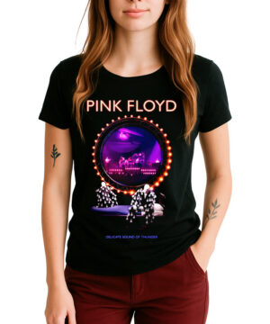 Czarna koszulka PINK FLOYD z nadrukiem "Delicate Sound of Thunder" w fioletowo-pomarańczowych odcieniach, damska.