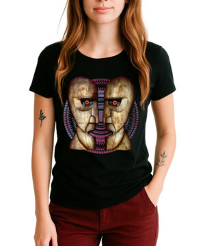 Czarna koszulka damska Pink Floyd Division Bell Vintage z abstrakcyjnymi twarzami i geometrycznymi wzorami w odcieniach ziemi.