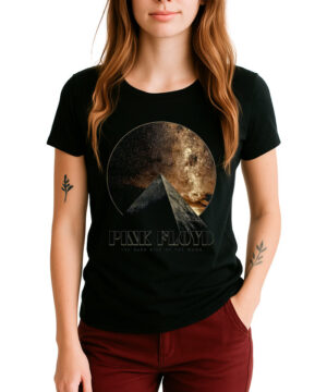 Czarna damska koszulka PINK FLOYD "Pyramid Circle" z motywem piramidy i galaktyki, do kompletu bordowe spodnie.