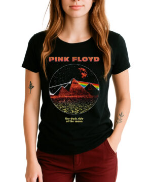 Czarna damska koszulka Pink Floyd "Pyramids vintage" z grafiką piramid, tęczy i księżyca; kolor czarny.