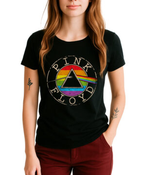 Koszulka damska PINK FLOYD Rainbow czarna z tęczowym logiem, klasyczny rockowy styl, rękawy odkrywają tatuaże.