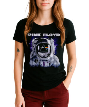 Czarna damska koszulka PINK FLOYD "Spaceman" z astronautą i grafiką Dark Side of the Moon na kasku, idealna dla fanek zespołu.