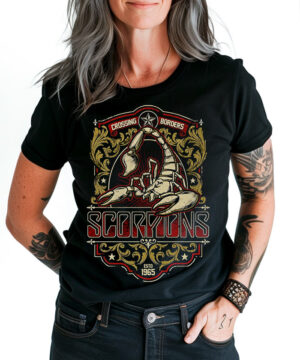 Czarna koszulka Scorpions "Wind of Change" z dużym nadrukiem skorpiona i napisem Crossing Borders, Scorpions, Est. 1965.