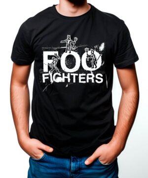 Czarna koszulka męska Foo Fighters "Devil" z białym napisem i abstrakcyjnymi grafikami nad tekstem.