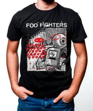Czarna koszulka FOO FIGHTERS "Twoja ulubiona zabawka" z czerwono-białą grafiką oka, komputera i geometrycznych kształtów.