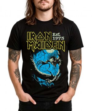 Koszulka IRON MAIDEN Fear of the Dark Anniversary, czarna, z żółtym napisem i grafiką potwora na niebieskim tle.