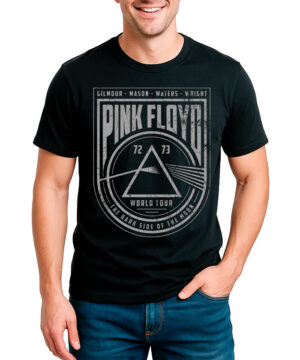 Czarna koszulka męska PINK FLOYD z nadrukiem The Dark Side of the Moon i nazwiskami członków zespołu na przodzie.