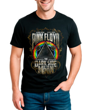 Czarna koszulka męska PINK FLOYD z motywem Dark Side of the Moon, złote liście i tęczowy pryzmat na przodzie.