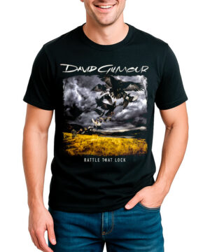 Czarna koszulka męska PINK FLOYD "David Gilmour Rattle That Lock" z motywem ptaków nad krajobrazem, krótki rękaw.